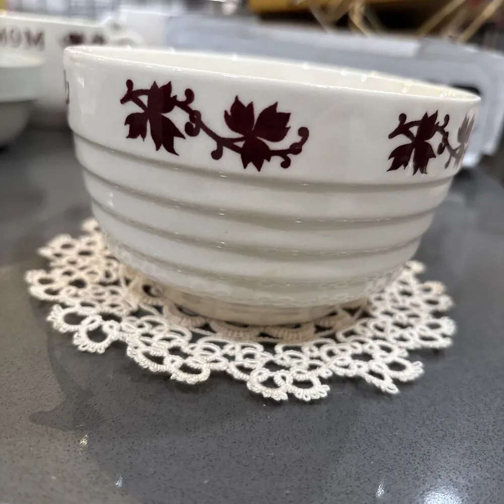 Vintage Universal Potteries Beehive Bowl With Maroon Maple Leaf Design. USA Made